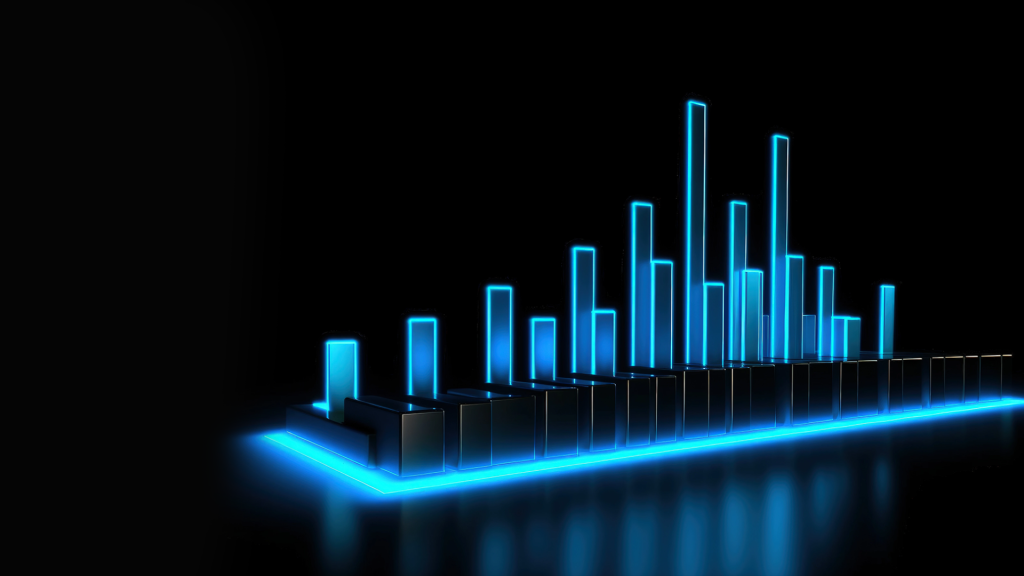 Blue financial bar graph on a black background